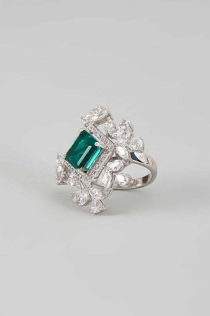 White Finish Emerald Synthetic Stone & Swarovski Zircon Ring In Sterling Silver by Diosa Paris Jewellery at Pernia's Pop Up Shop