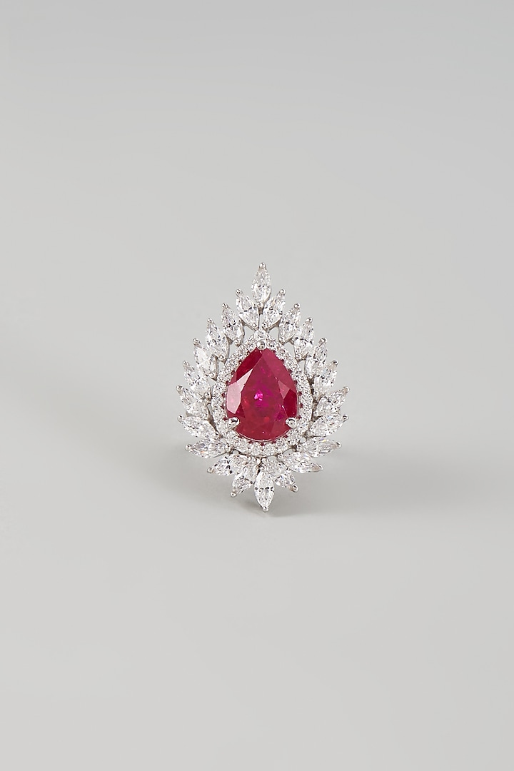 White Finish Ruby Synthetic Stone & Swarovski Zircon Ring In Sterling Silver by Diosa Paris Jewellery at Pernia's Pop Up Shop