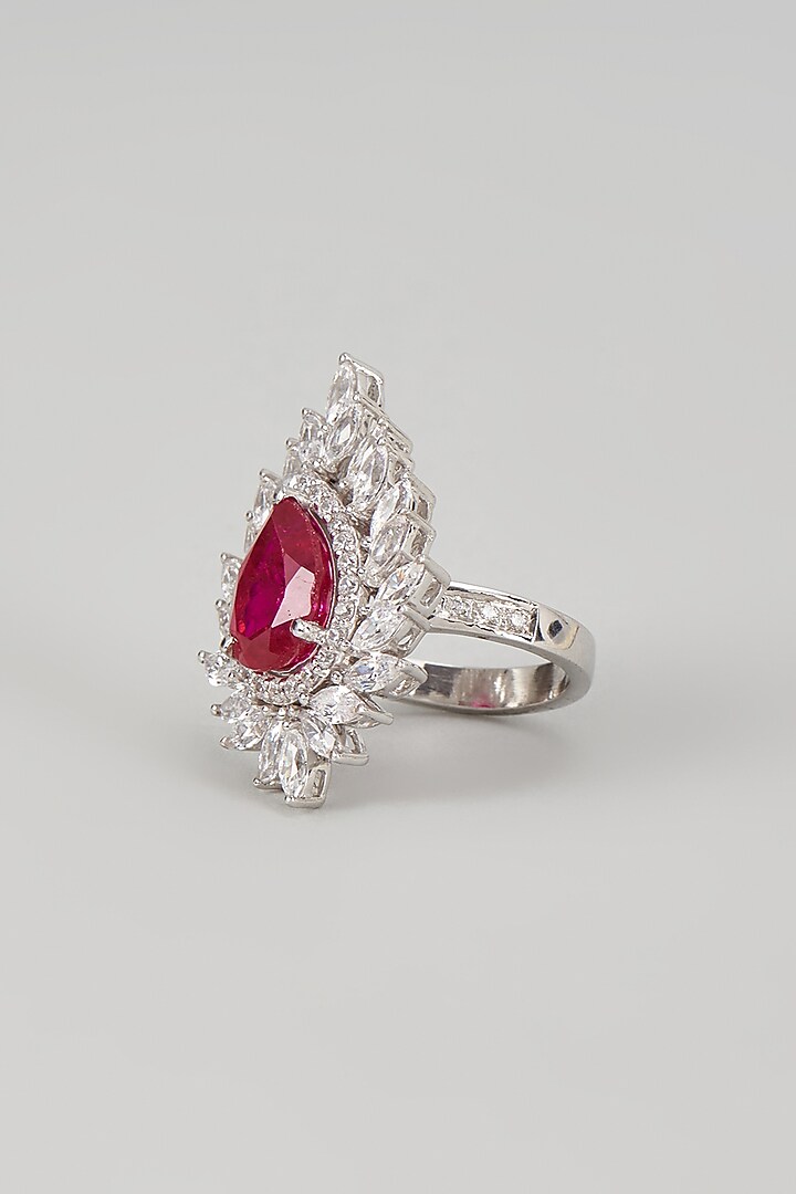 White Finish Ruby Synthetic Stone & Swarovski Zircon Ring In Sterling Silver by Diosa Paris Jewellery at Pernia's Pop Up Shop