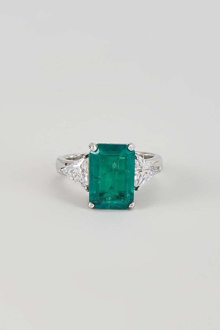 White Finish Emerald Synthetic Stone & Swarovski Zircon Ring In Sterling Silver by Diosa Paris Jewellery at Pernia's Pop Up Shop