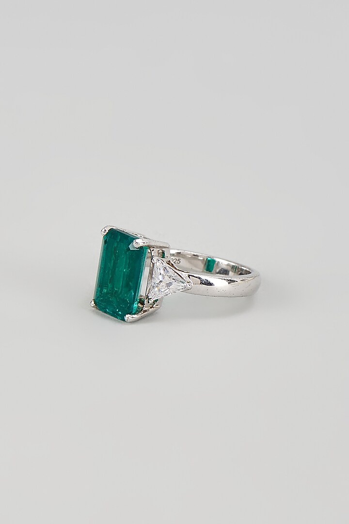 White Finish Emerald Synthetic Stone & Swarovski Zircon Ring In Sterling Silver by Diosa Paris Jewellery at Pernia's Pop Up Shop