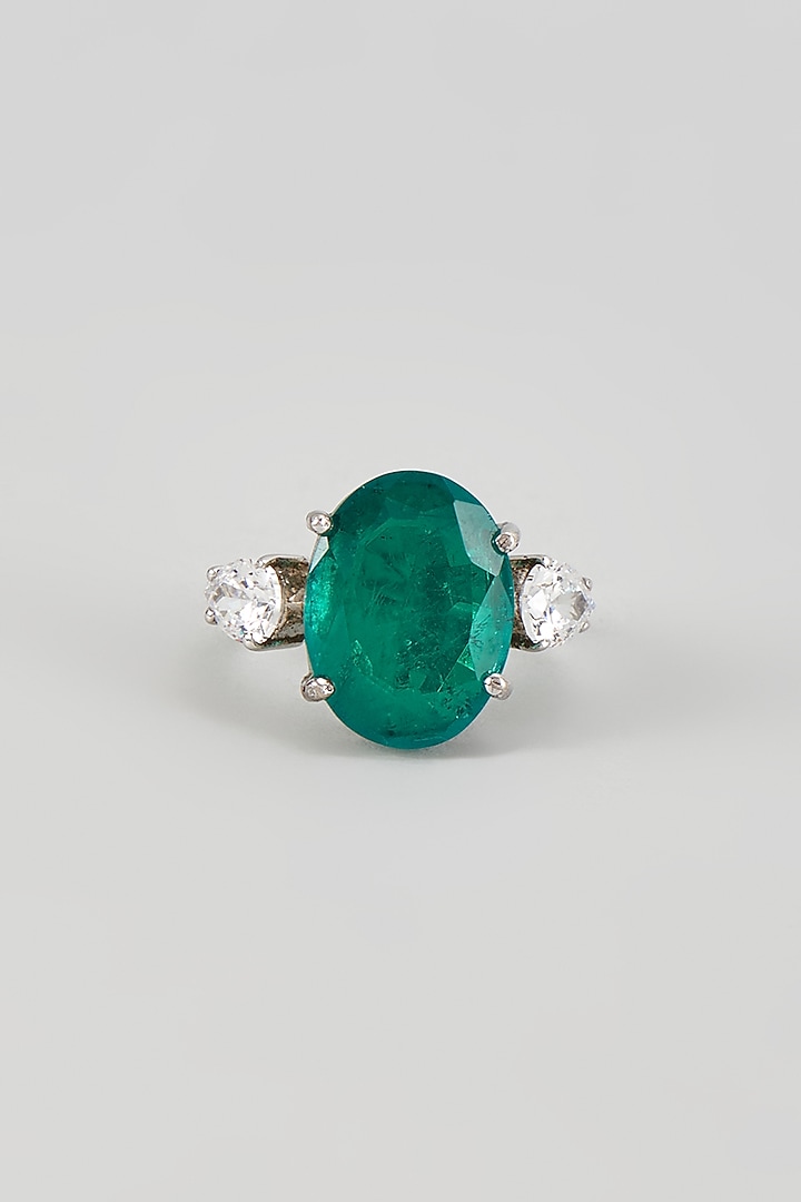 White Finish Emerald Synthetic Stone & Swarovski Zircon Ring In Sterling Silver by Diosa Paris Jewellery at Pernia's Pop Up Shop