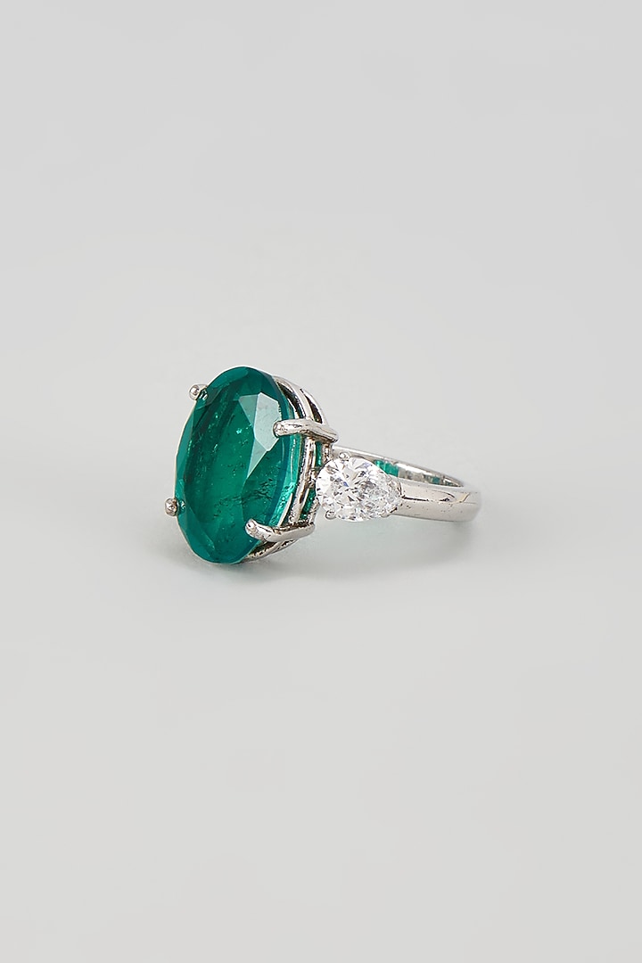 White Finish Emerald Synthetic Stone & Swarovski Zircon Ring In Sterling Silver by Diosa Paris Jewellery at Pernia's Pop Up Shop