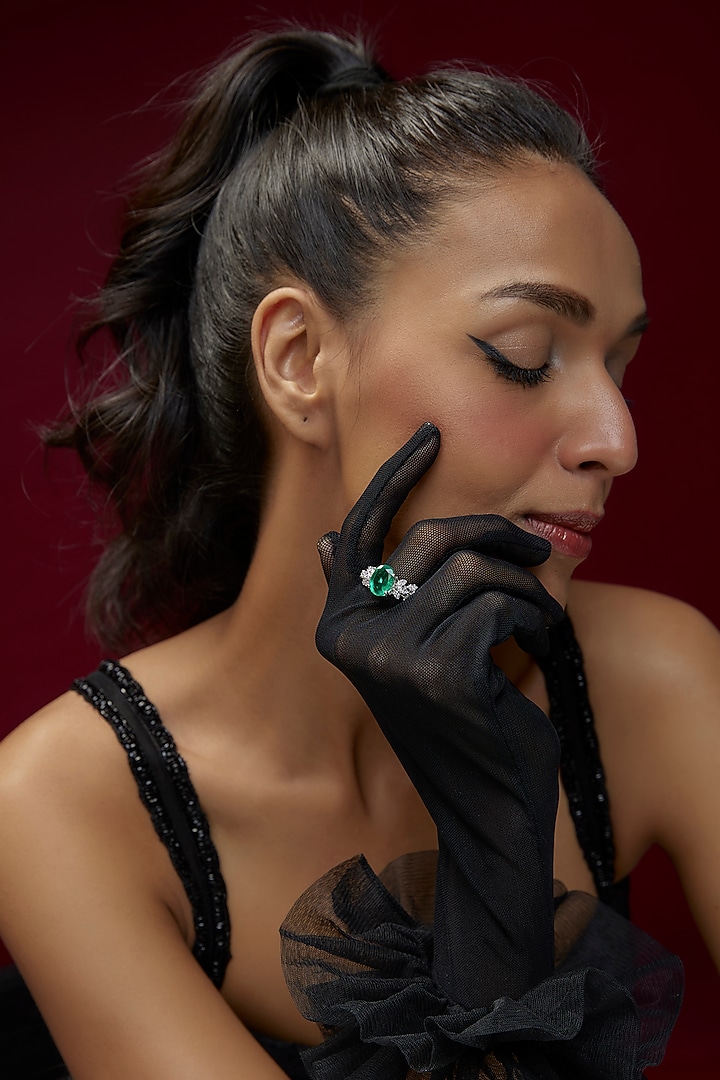 White Finish Emerald Synthetic Stone & Swarovski Zircon Ring In Sterling Silver by Diosa Paris Jewellery at Pernia's Pop Up Shop