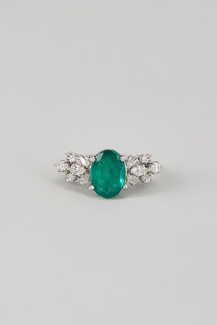 White Finish Emerald Synthetic Stone & Swarovski Zircon Ring In Sterling Silver by Diosa Paris Jewellery at Pernia's Pop Up Shop