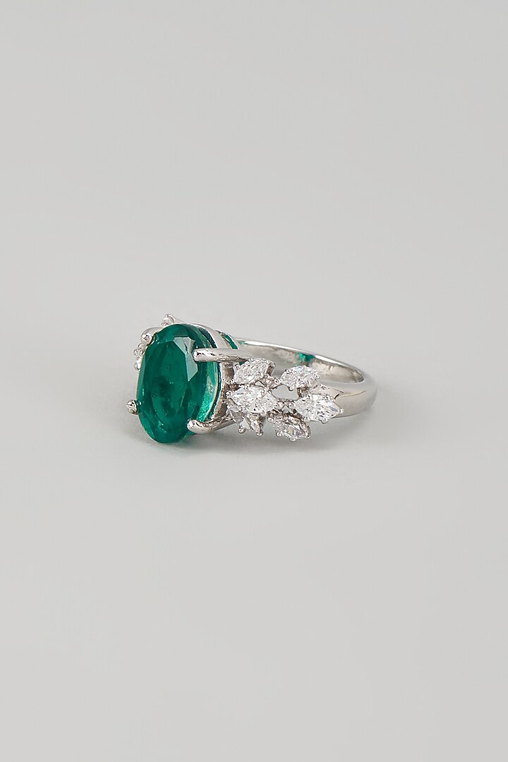 White Finish Emerald Synthetic Stone & Swarovski Zircon Ring In Sterling Silver by Diosa Paris Jewellery at Pernia's Pop Up Shop