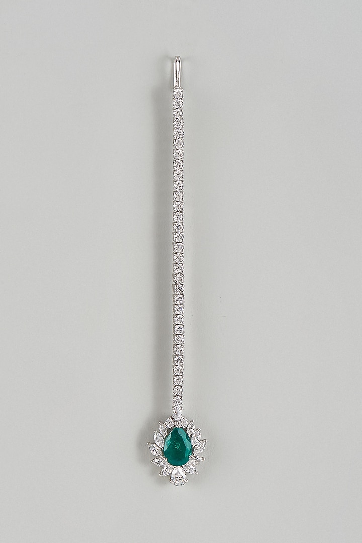 White Finish Emerald Synthetic Stone & Swarovski Zircon Maangtikka In Sterling Silver by Diosa Paris Jewellery at Pernia's Pop Up Shop
