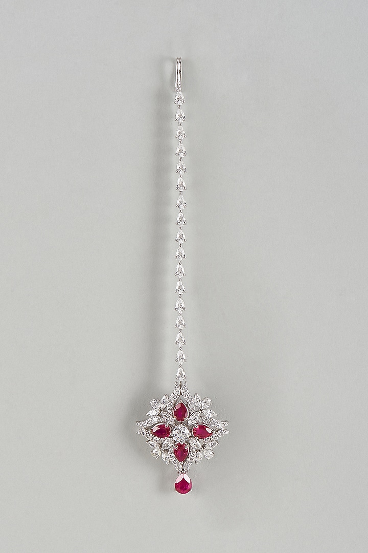 White Finish Ruby Synthetic Stone & Swarovski Zircon Maangtikka In Sterling Silver by Diosa Paris Jewellery at Pernia's Pop Up Shop