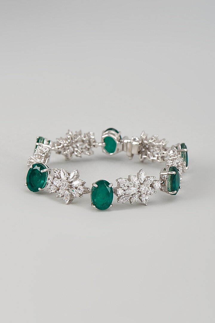 White Finish Emerald Synthetic Stone & Swarovski Zircon Bracelet In Sterling Silver by Diosa Paris Jewellery at Pernia's Pop Up Shop