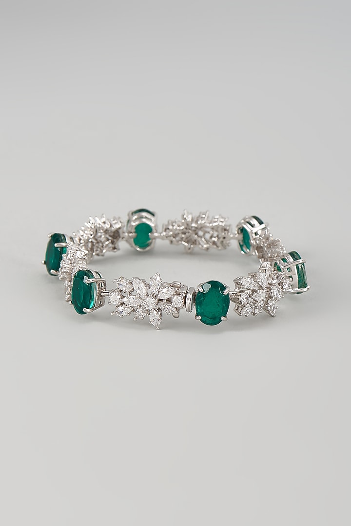 White Finish Emerald Synthetic Stone & Swarovski Zircon Bracelet In Sterling Silver by Diosa Paris Jewellery at Pernia's Pop Up Shop