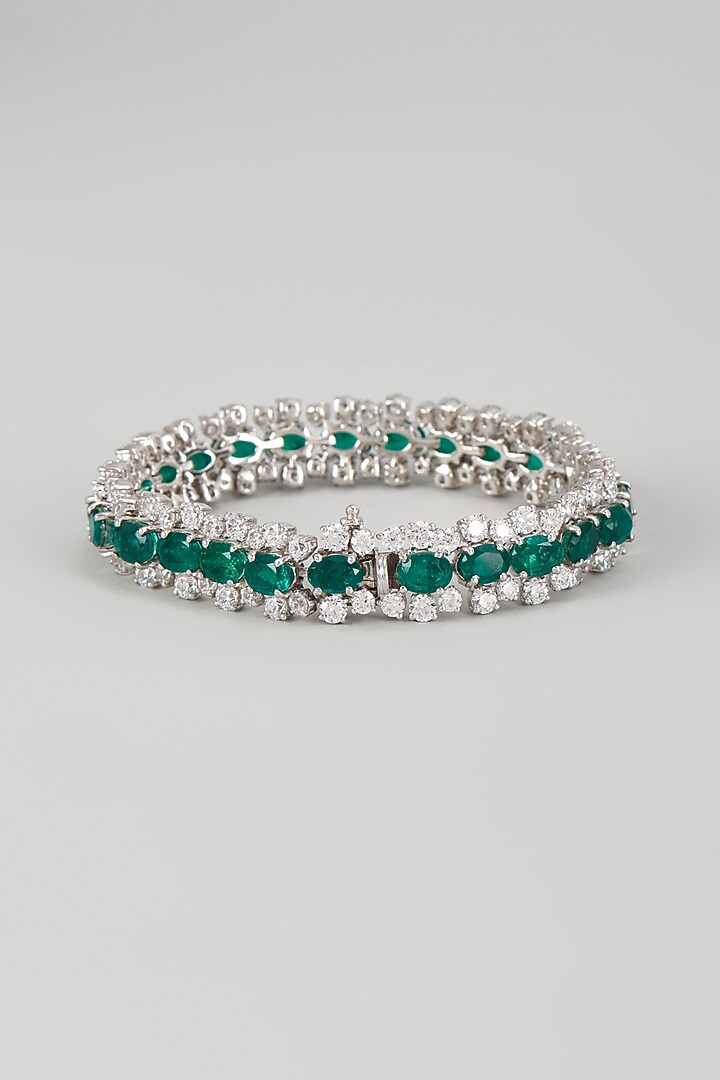 White Finish Emerald Synthetic Stone & Swarovski Zircon Bracelet In Sterling Silver by Diosa Paris Jewellery at Pernia's Pop Up Shop