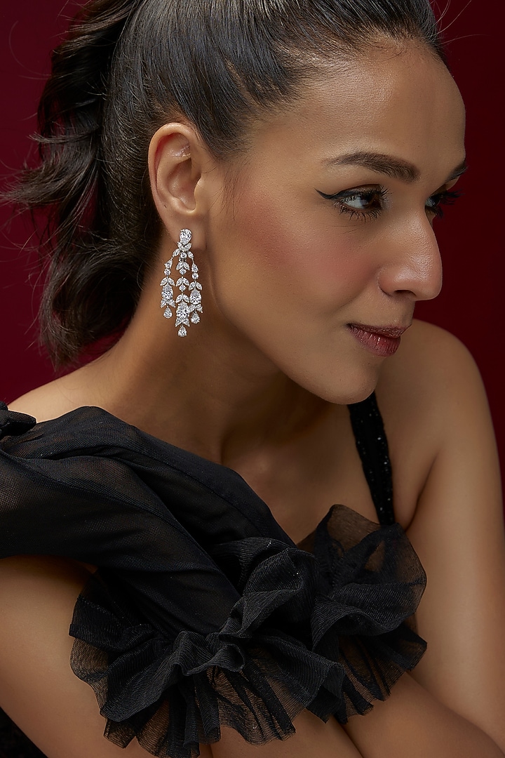 White Finish Swarovski Zircon Dangler Earrings In Sterling Silver by Diosa Paris Jewellery at Pernia's Pop Up Shop