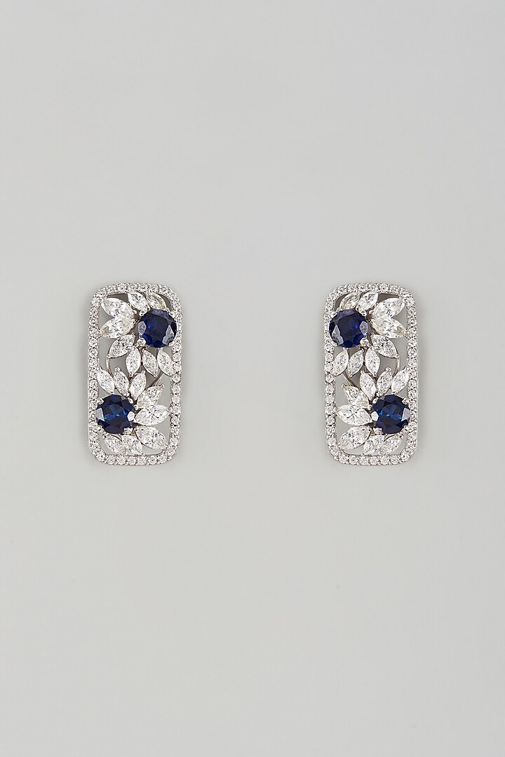 White Finish Sapphire Synthetic Stone & Swarovski Zircon Dangler Earrings In Sterling Silver by Diosa Paris Jewellery at Pernia's Pop Up Shop