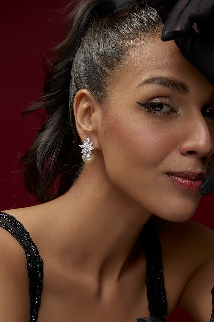 White Finish Swarovski Zircon & Pearl Dangler Earrings In Sterling Silver by Diosa Paris Jewellery at Pernia's Pop Up Shop