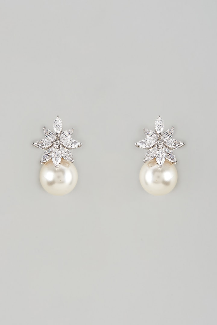 White Finish Swarovski Zircon & Pearl Dangler Earrings In Sterling Silver by Diosa Paris Jewellery at Pernia's Pop Up Shop