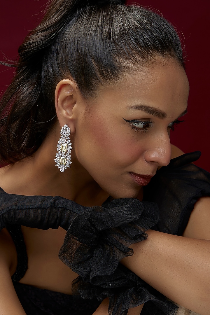 White Finish Yellow & White Swarovski Zircon Dangler Earrings In Sterling Silver by Diosa Paris Jewellery at Pernia's Pop Up Shop