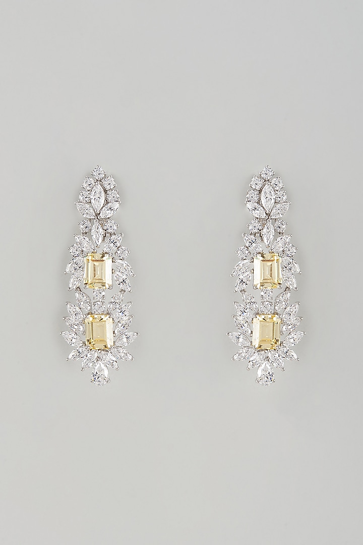 White Finish Yellow & White Swarovski Zircon Dangler Earrings In Sterling Silver by Diosa Paris Jewellery at Pernia's Pop Up Shop
