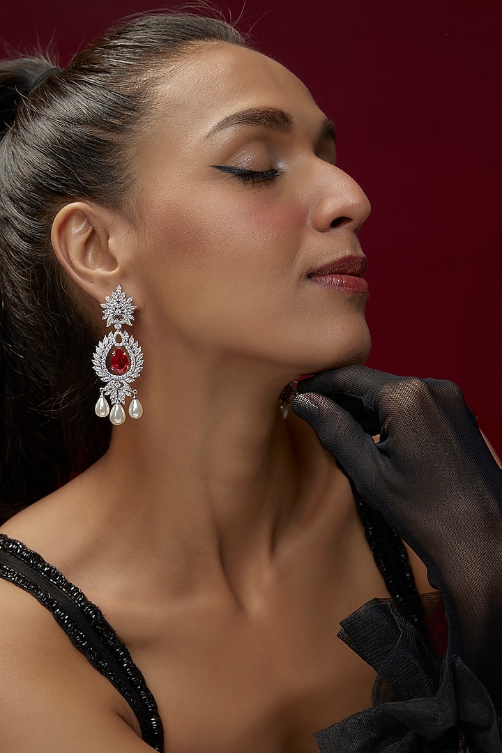 White Finish Ruby Synthetic Stone & Swarovski Zircon Dangler Earrings In Sterling Silver by Diosa Paris Jewellery at Pernia's Pop Up Shop