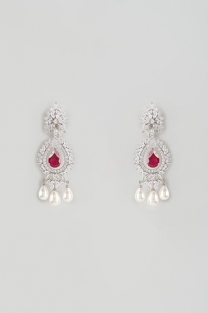 White Finish Ruby Synthetic Stone & Swarovski Zircon Dangler Earrings In Sterling Silver by Diosa Paris Jewellery at Pernia's Pop Up Shop