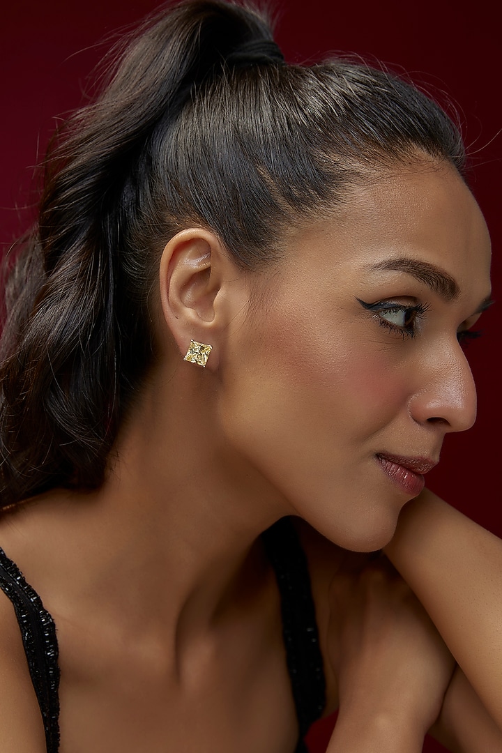 White Finish Yellow Swarovski Zircon Stud Earrings In Sterling Silver by Diosa Paris Jewellery at Pernia's Pop Up Shop
