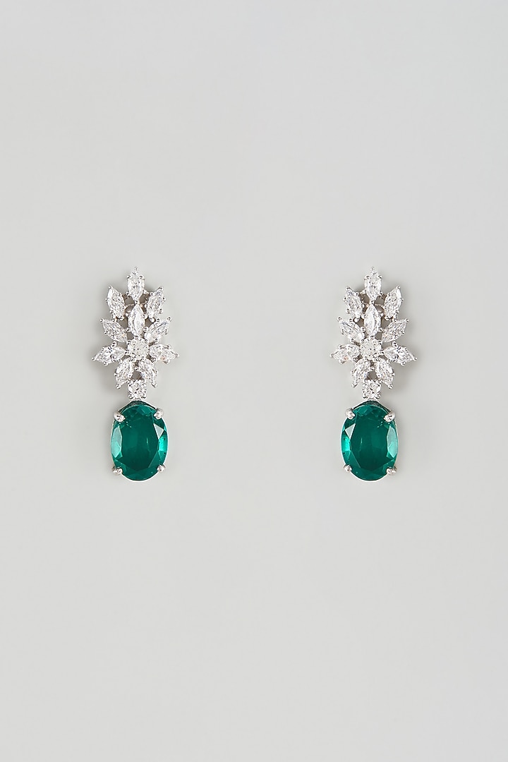 White Finish Emerald Synthetic Stone & Swarovski Zircon Dangler Earrings In Sterling Silver by Diosa Paris Jewellery at Pernia's Pop Up Shop