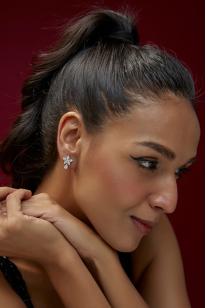White Finish Swarovski Zircon Stud Earrings In Sterling Silver by Diosa Paris Jewellery at Pernia's Pop Up Shop