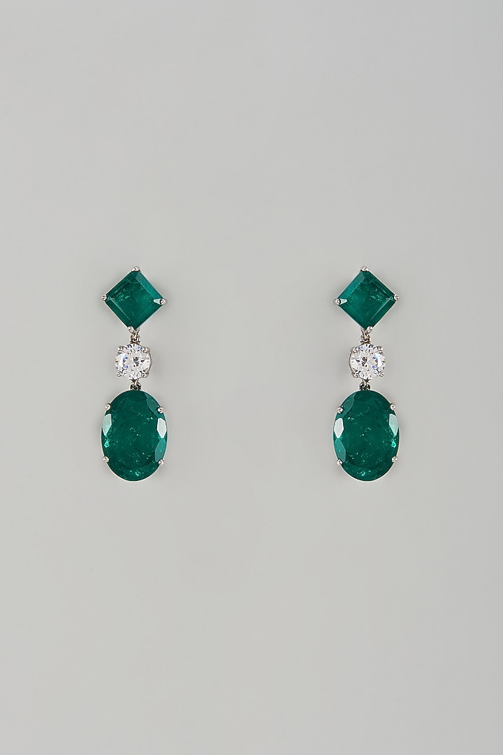 White Finish Emerald Synthetic Stone & Swarovski Zircon Dangler Earrings In Sterling Silver by Diosa Paris Jewellery at Pernia's Pop Up Shop
