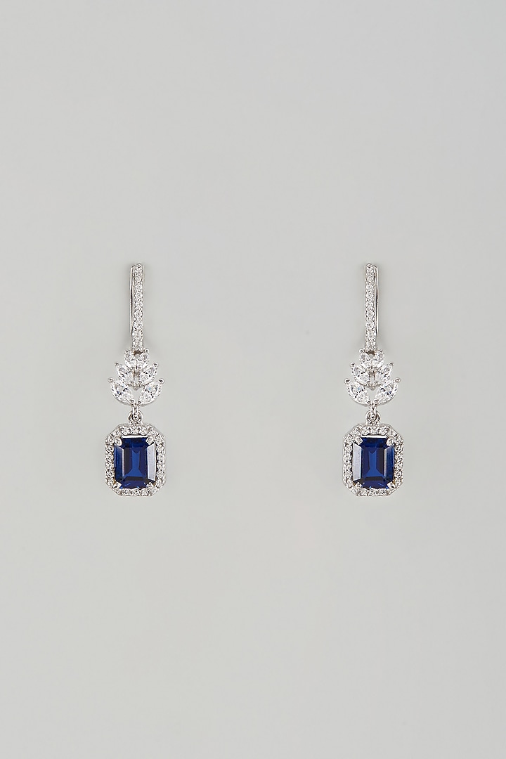 White Finish Sapphire Synthetic Stone & Swarovski Zircon Dangler Earrings In Sterling Silver by Diosa Paris Jewellery at Pernia's Pop Up Shop