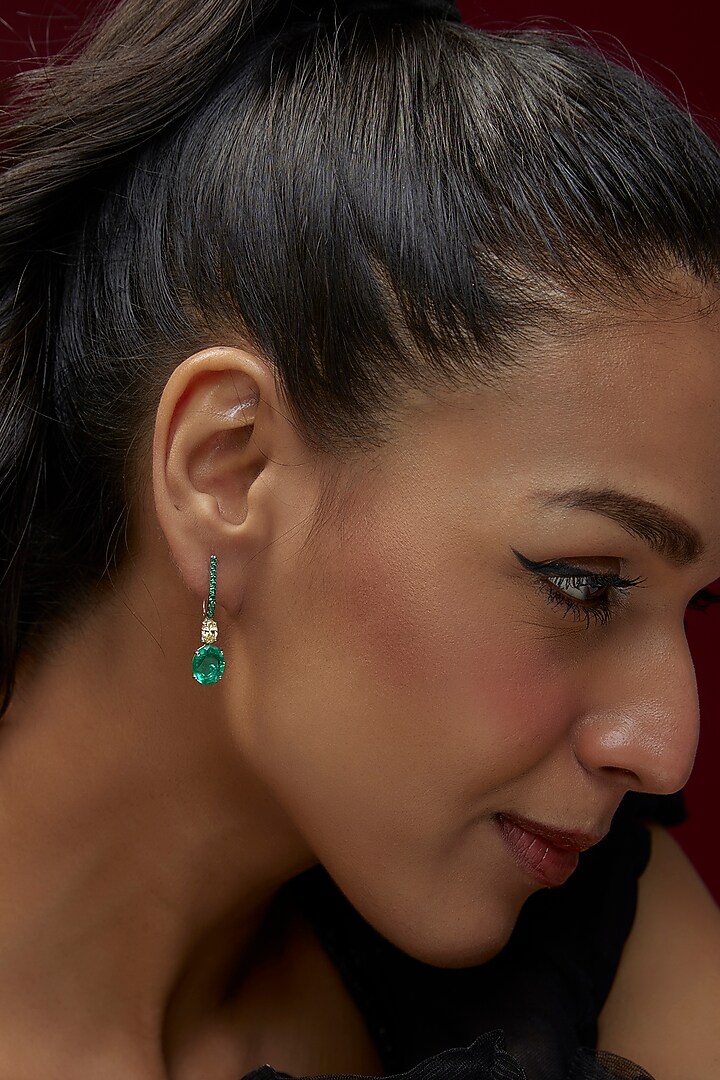 White Finish Emerald Synthetic Stone & Swarovski Zircon Dangler Earrings In Sterling Silver by Diosa Paris Jewellery at Pernia's Pop Up Shop