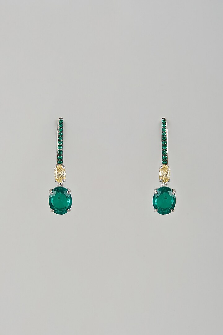 White Finish Emerald Synthetic Stone & Swarovski Zircon Dangler Earrings In Sterling Silver by Diosa Paris Jewellery at Pernia's Pop Up Shop