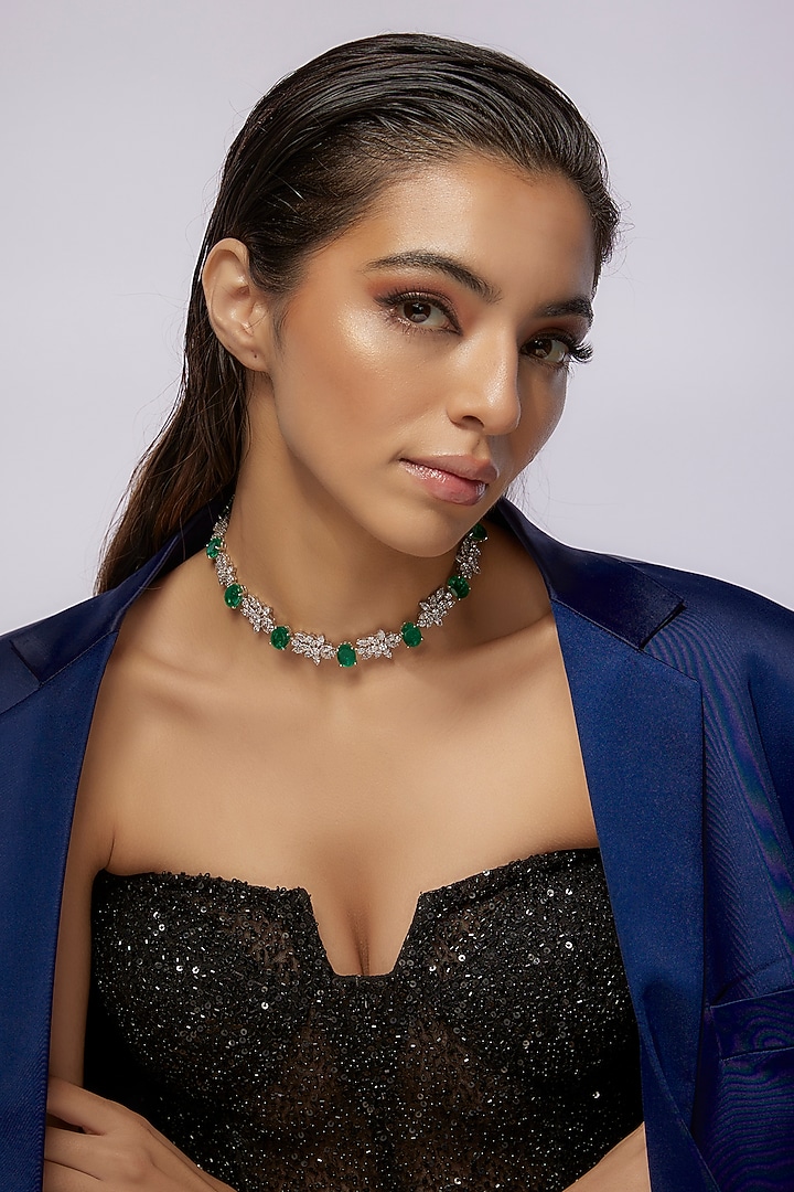White Finish Emerald Synthetic Stone & Swarovski Zircon Necklace In Sterling Silver by Diosa Paris Jewellery at Pernia's Pop Up Shop