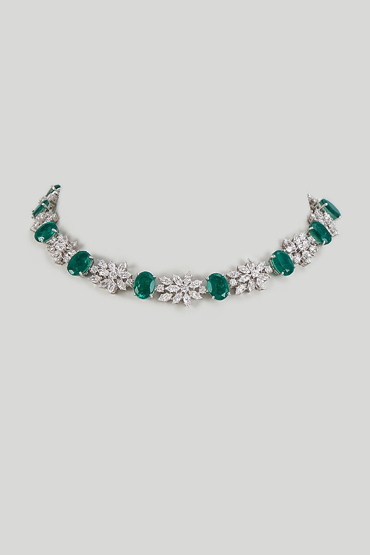 White Finish Emerald Synthetic Stone & Swarovski Zircon Necklace In Sterling Silver by Diosa Paris Jewellery at Pernia's Pop Up Shop