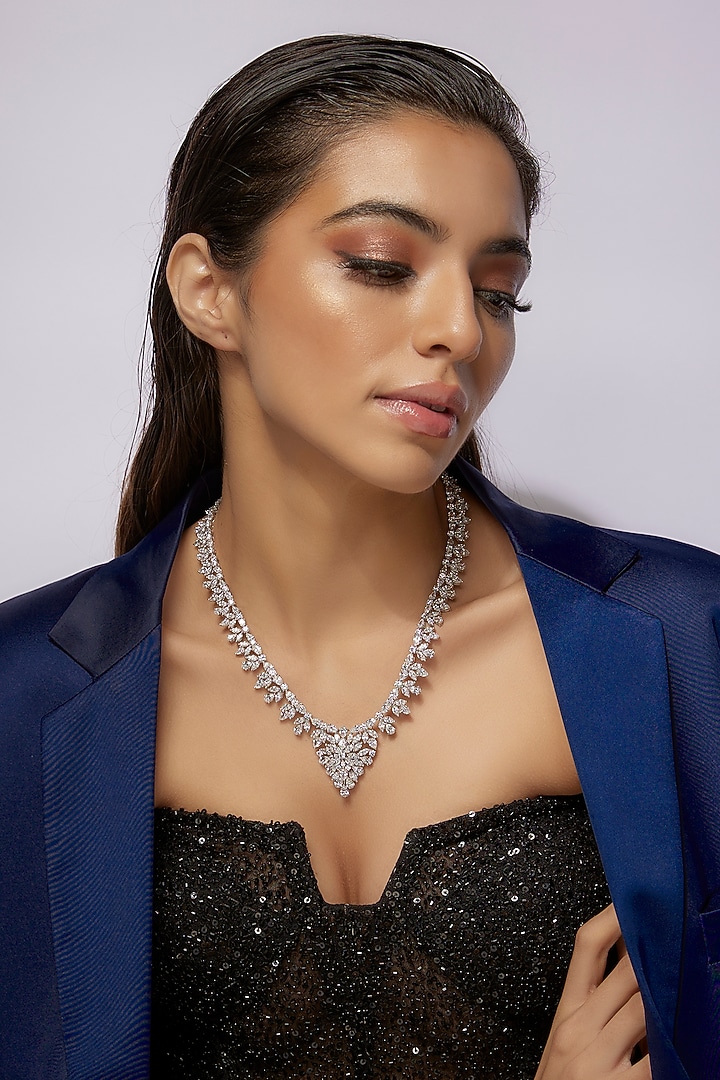 White Finish Swarovski Zircon Necklace In Sterling Silver by Diosa Paris Jewellery at Pernia's Pop Up Shop