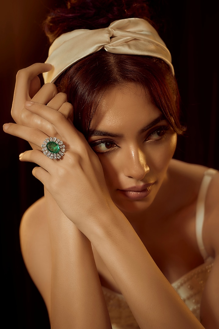 White Finish Swarovski Zirconia & Synthetic Green Stone Ring In Sterling Silver by Diosa Paris Jewellery at Pernia's Pop Up Shop