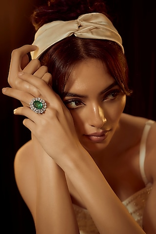 White Finish Swarovski Zirconia & Synthetic Green Stone Ring In Sterling Silver by Diosa Paris Jewellery