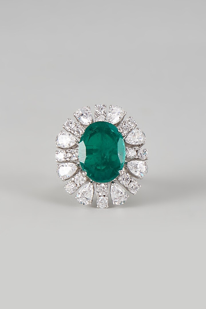 White Finish Swarovski Zirconia & Synthetic Green Stone Ring In Sterling Silver by Diosa Paris Jewellery at Pernia's Pop Up Shop