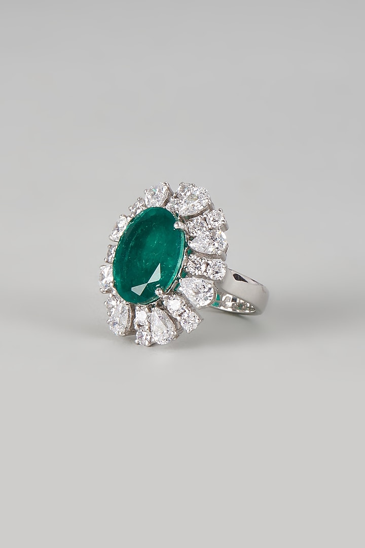 White Finish Swarovski Zirconia & Synthetic Green Stone Ring In Sterling Silver by Diosa Paris Jewellery at Pernia's Pop Up Shop