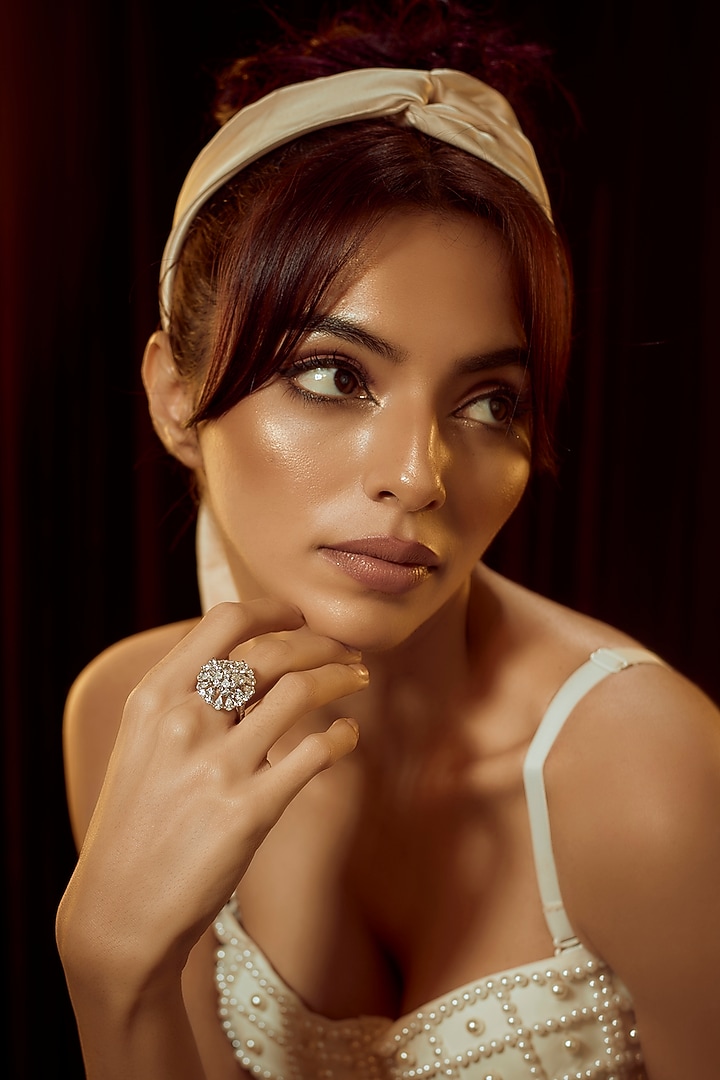 White Finish Swarovski Zirconia Ring In Sterling Silver by Diosa Paris Jewellery at Pernia's Pop Up Shop