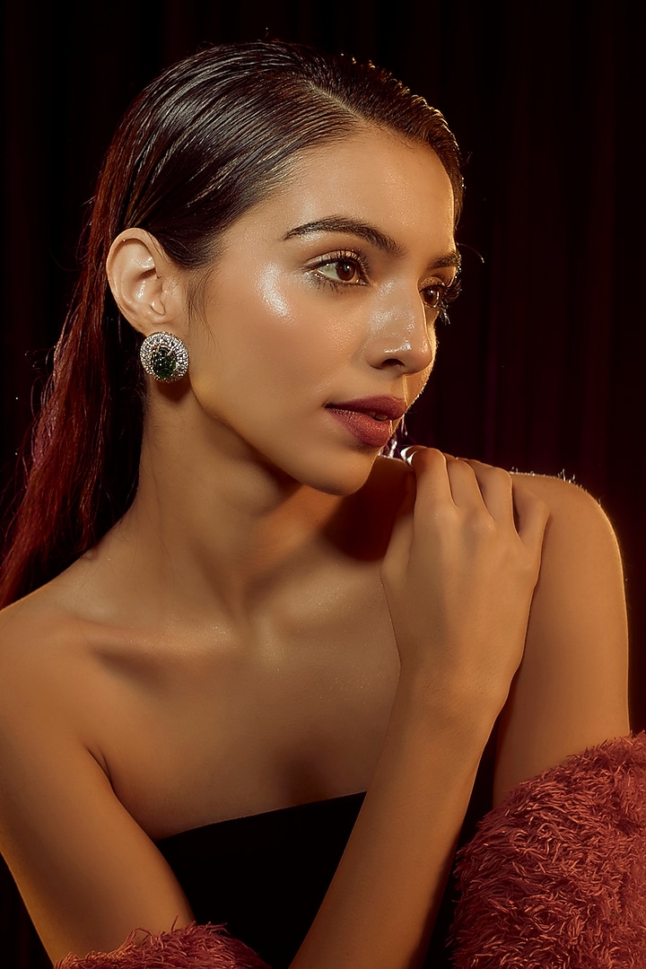 White Finish Swarovski Zirconia Stud Earrings In Sterling Silver by Diosa Paris Jewellery at Pernia's Pop Up Shop