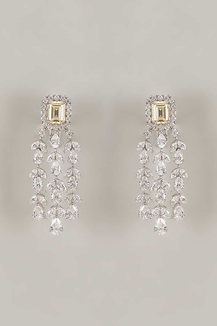 White Finish Yellow Emerald & Swarovski Zirconia Dangler Earrings In Sterling Silver by Diosa Paris Jewellery at Pernia's Pop Up Shop