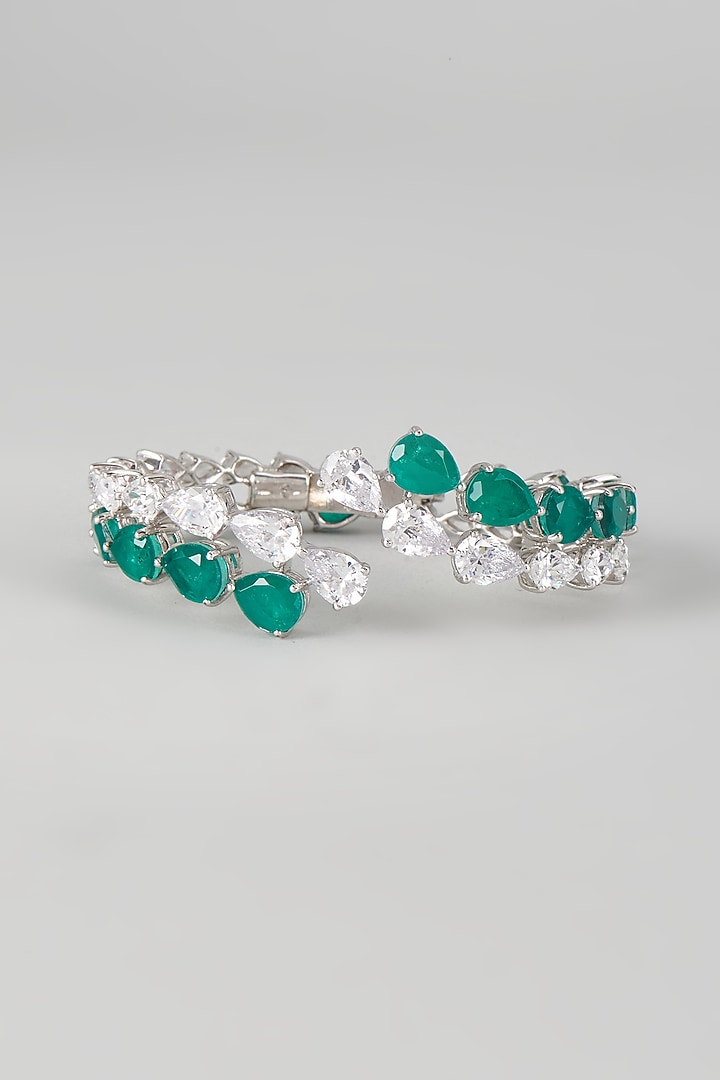 White Finish Green Crystal & Swarovski Zirconia Bangle In Sterling Silver by Diosa Paris Jewellery at Pernia's Pop Up Shop
