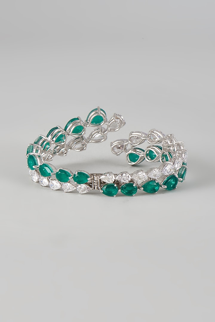 White Finish Green Crystal & Swarovski Zirconia Bangle In Sterling Silver by Diosa Paris Jewellery at Pernia's Pop Up Shop