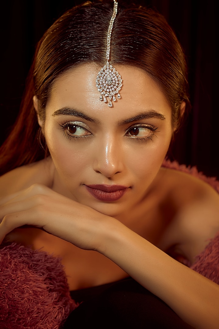 Gold Finish Swarovski Zirconia Maangtikka In Sterling Silver by Diosa Paris Jewellery at Pernia's Pop Up Shop