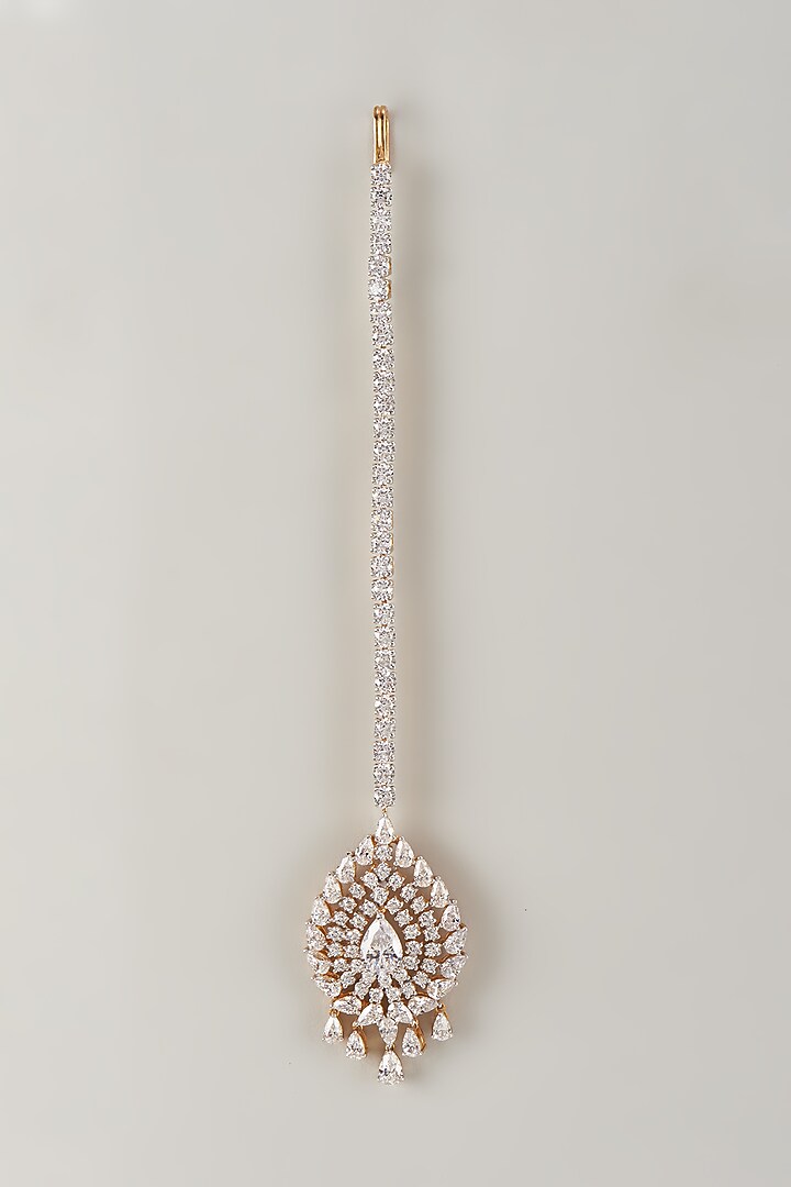 Gold Finish Swarovski Zirconia Maangtikka In Sterling Silver by Diosa Paris Jewellery at Pernia's Pop Up Shop
