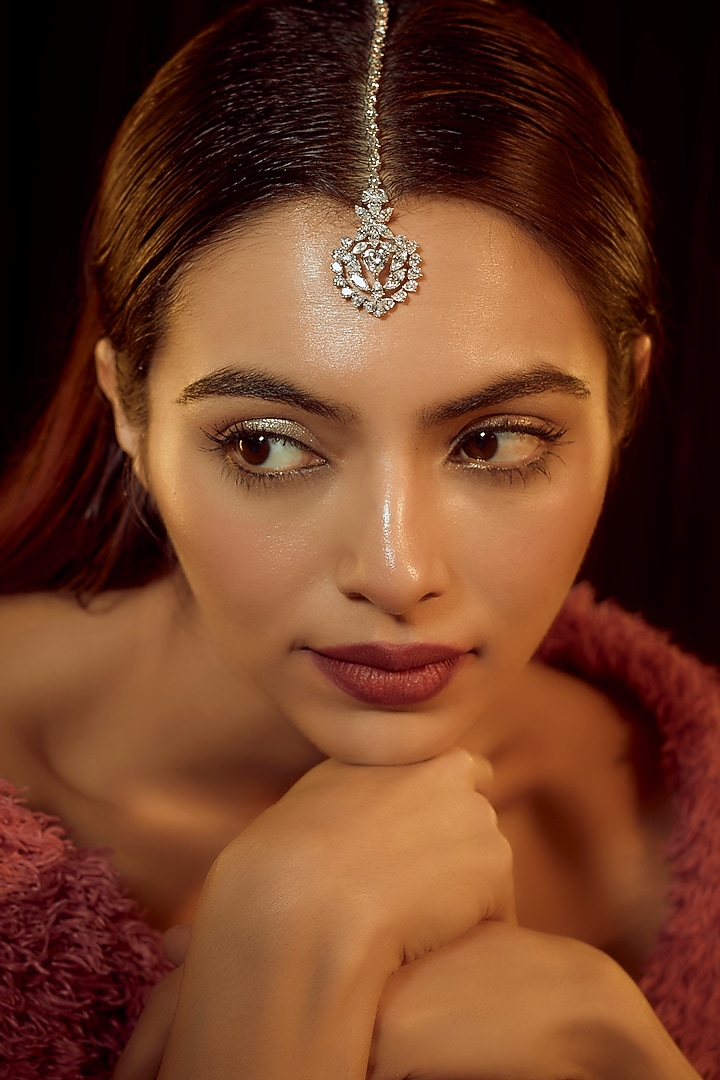 White Finish Swarovski Zirconia Maangtikka In Sterling Silver by Diosa Paris Jewellery at Pernia's Pop Up Shop