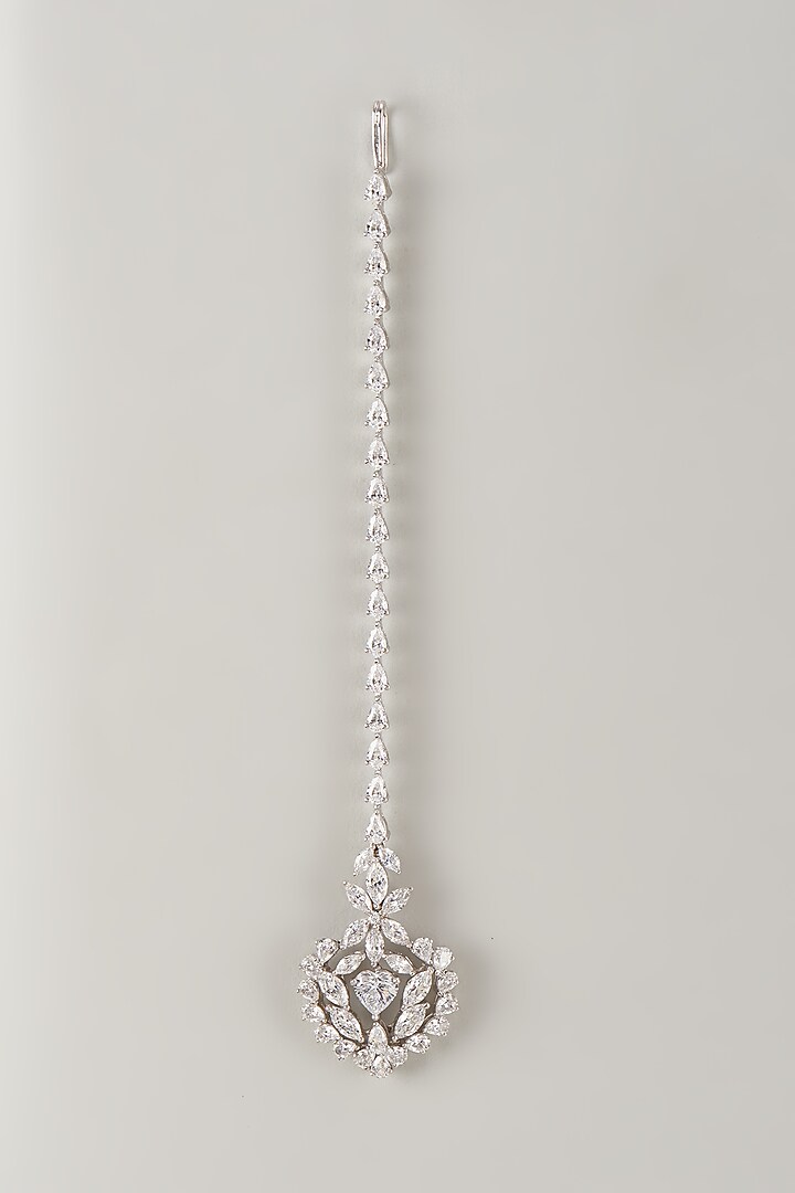 White Finish Swarovski Zirconia Maangtikka In Sterling Silver by Diosa Paris Jewellery at Pernia's Pop Up Shop
