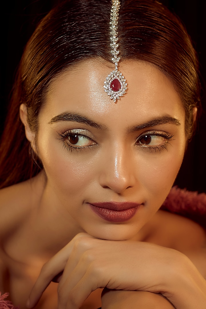 White Finish Swarovski Zirconia Maangtikka In Sterling Silver by Diosa Paris Jewellery at Pernia's Pop Up Shop