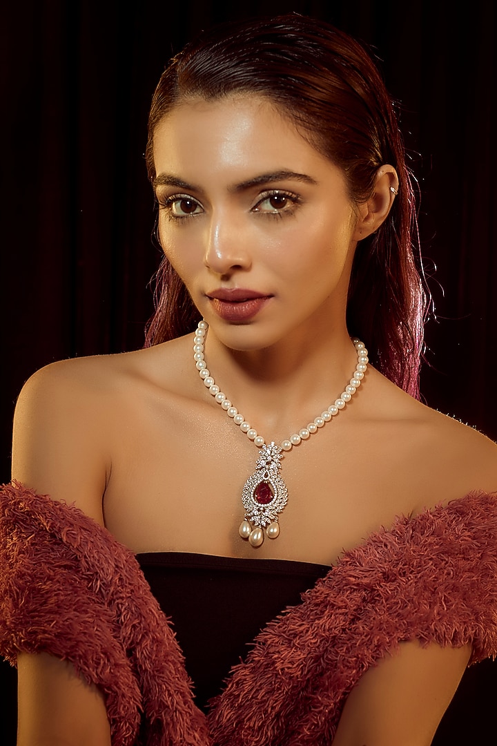 White Finish Swarovski Zirconia & Pearl Necklace In Sterling Silver by Diosa Paris Jewellery at Pernia's Pop Up Shop
