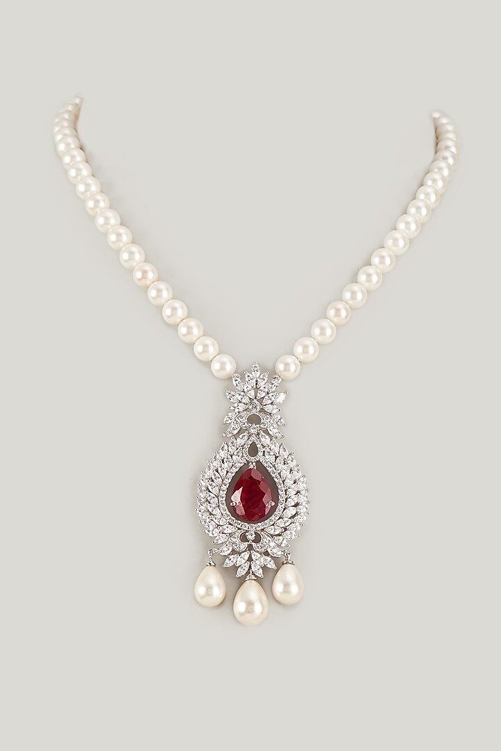 White Finish Swarovski Zirconia & Pearl Necklace In Sterling Silver by Diosa Paris Jewellery at Pernia's Pop Up Shop