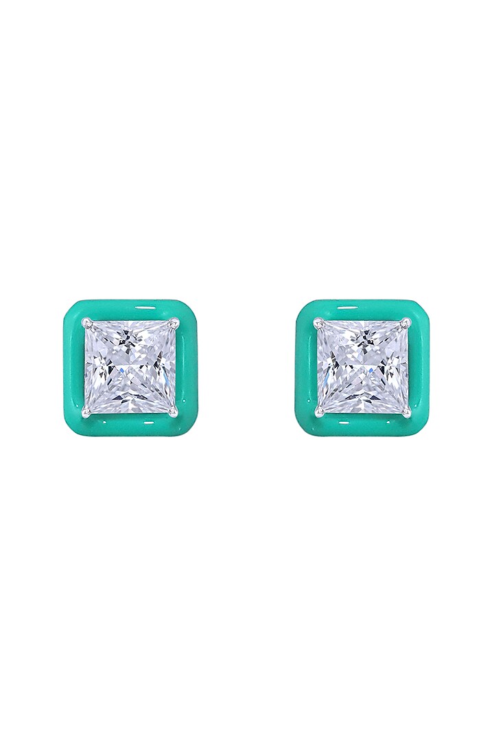 White Finish Princess-Cut Swarovski Zirconia Enameled Stud Earrings In Sterling Silver by Diosa Paris Jewellery at Pernia's Pop Up Shop